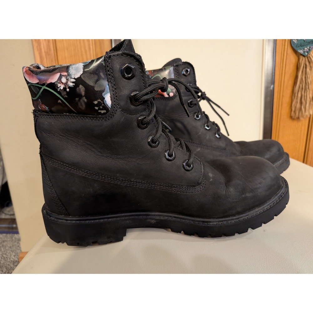 Timberland Premium 6 Inch Waterproof Boots Black Floral Collar A2M7R Womens 8